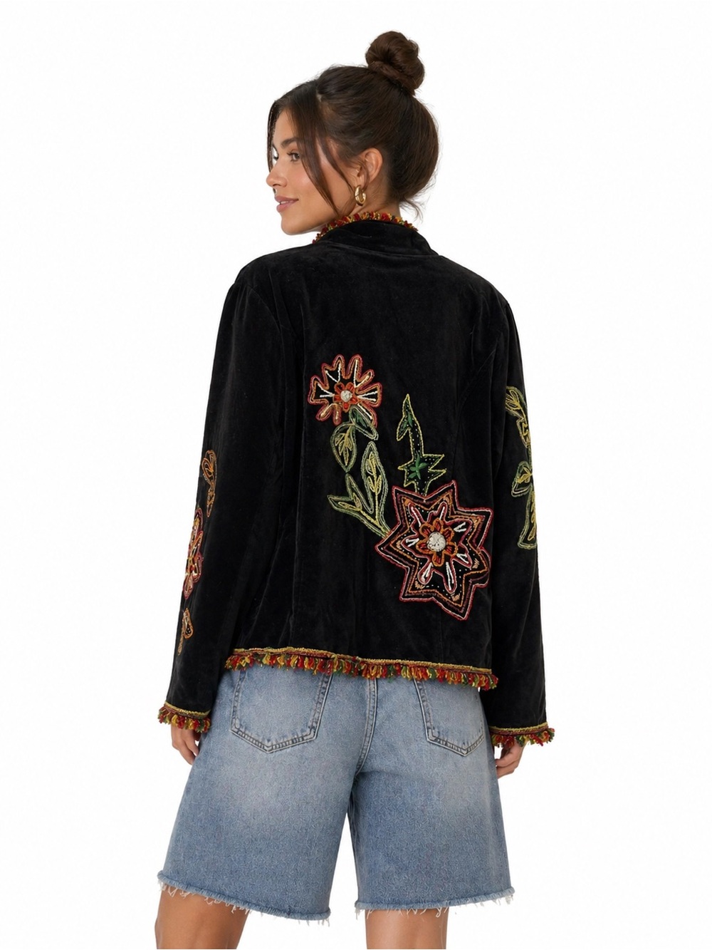 70s RARE Casual Studio Black Velvet Cotton Fringe Embroidered Jacket M